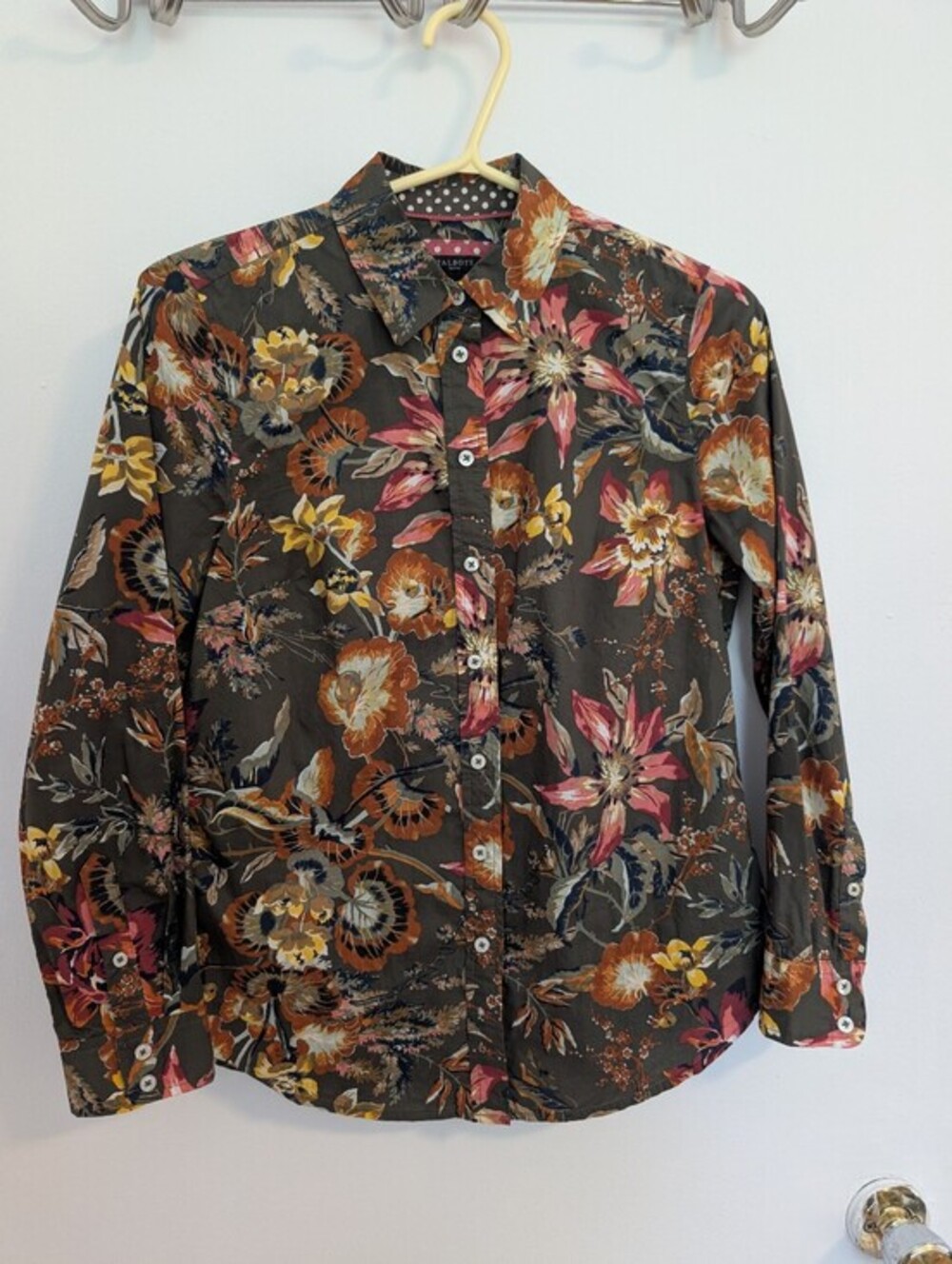 Talbots Dark Olive Floral Button-Up 100% Cotton Shirt Boho Cottagecore -SP